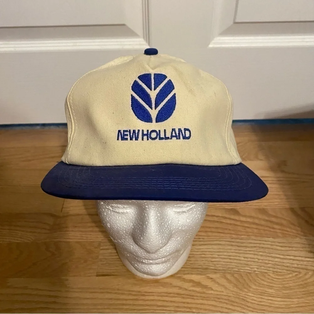 Vintage New Holland K Products Hat Blue Cream Snap Back